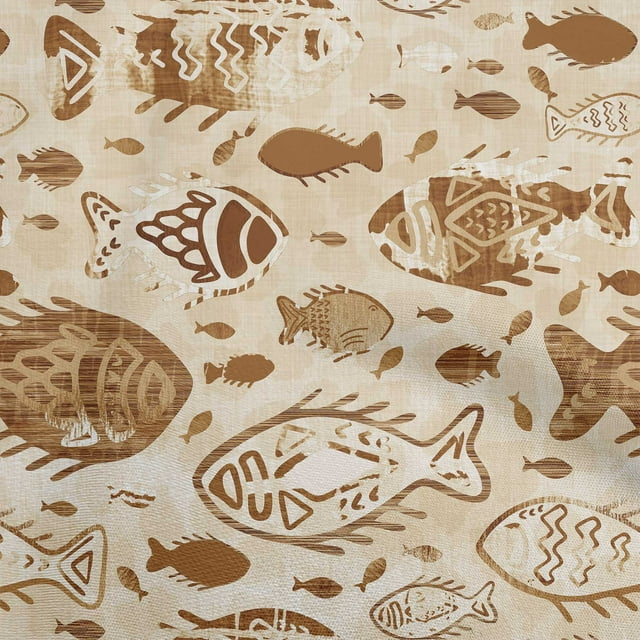 oneOone Georgette Viscose Light Brown Fabric Asian Block Fish Craft Projects Decor Fabric Printed By The Yard 42 Inch Wide