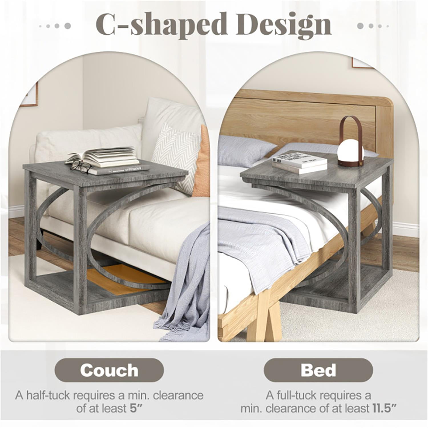 Demi Bonn C-shaped Sofa Side Table, 2-Tier Square End Table with Lower Shelf, Nightstand for Small Spaces, Living Room, Bedroom, Gray