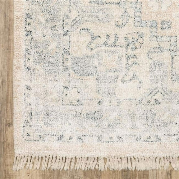HomeRoots  Beige & Gray Oriental Hand Loomed Stain Resistant Rectangle Area Rug with Fringe
