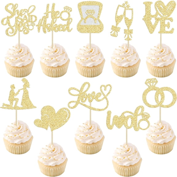 10Pcs Gold Glitter Engagement Cupcake Toppers, "She Said Yes, He Asked" Picks for Bachelorette Party Cake Decorations