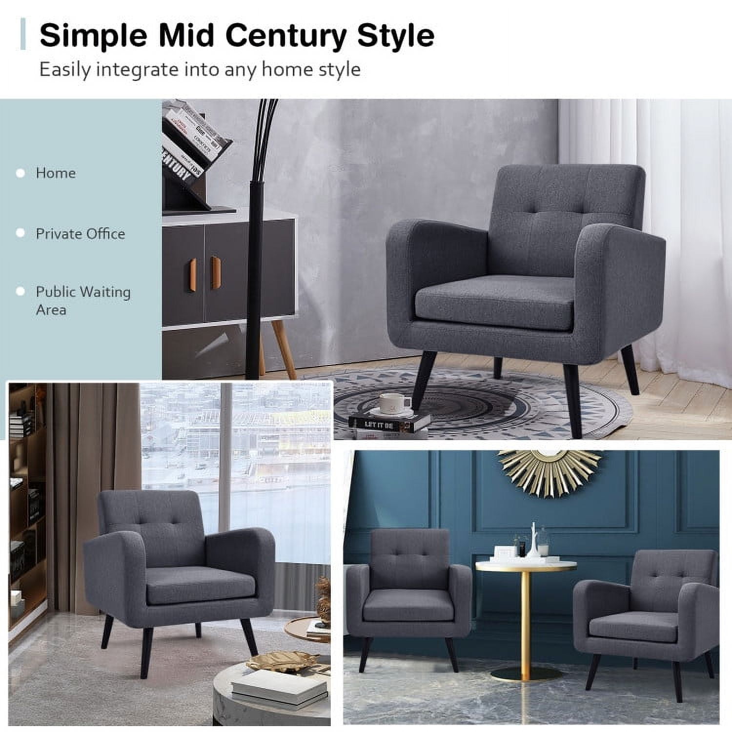 Finihen Upholstered Accent Chair, Modern Upholstered Comfy Accent Chair Single Sofa with Rubber Wood Legs, for Living Room, Bedroom, Gray