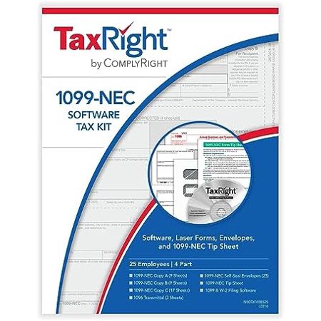 2024 TaxRight 1099-NEC Tax Kit (4-Part) | 25 Recipients |Self-Seal Envelopes | Software