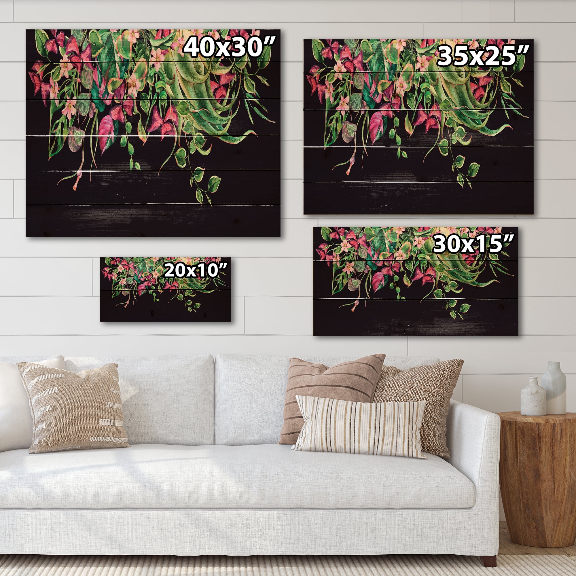 Designart 'Floral Tropical Leaves On Black Background' Farmhouse Print on Natural Pine Wood