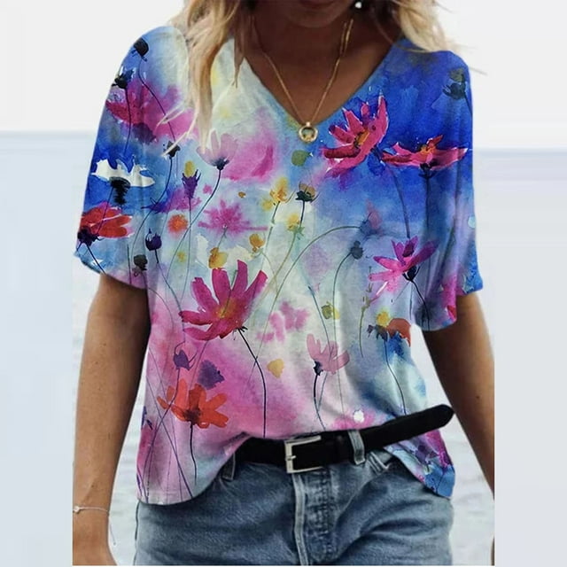 DPTALR T-Shirt d'Été Imprimé à Manches Courtes Col en V pour Femmes Tee-Shirt Décontracté