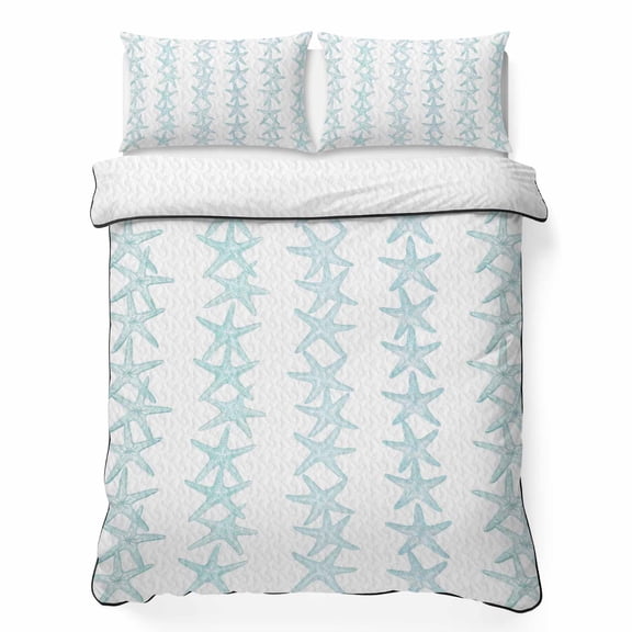 Quilts Twin Size Bedding Set, Light Blue Starfish Coastal Lightweight Quilted Comforter, Nautical Summer Ocean Modern Soft Reversible Bedspread Coverlet with Pillow Covers for All Season, 68" x 86"