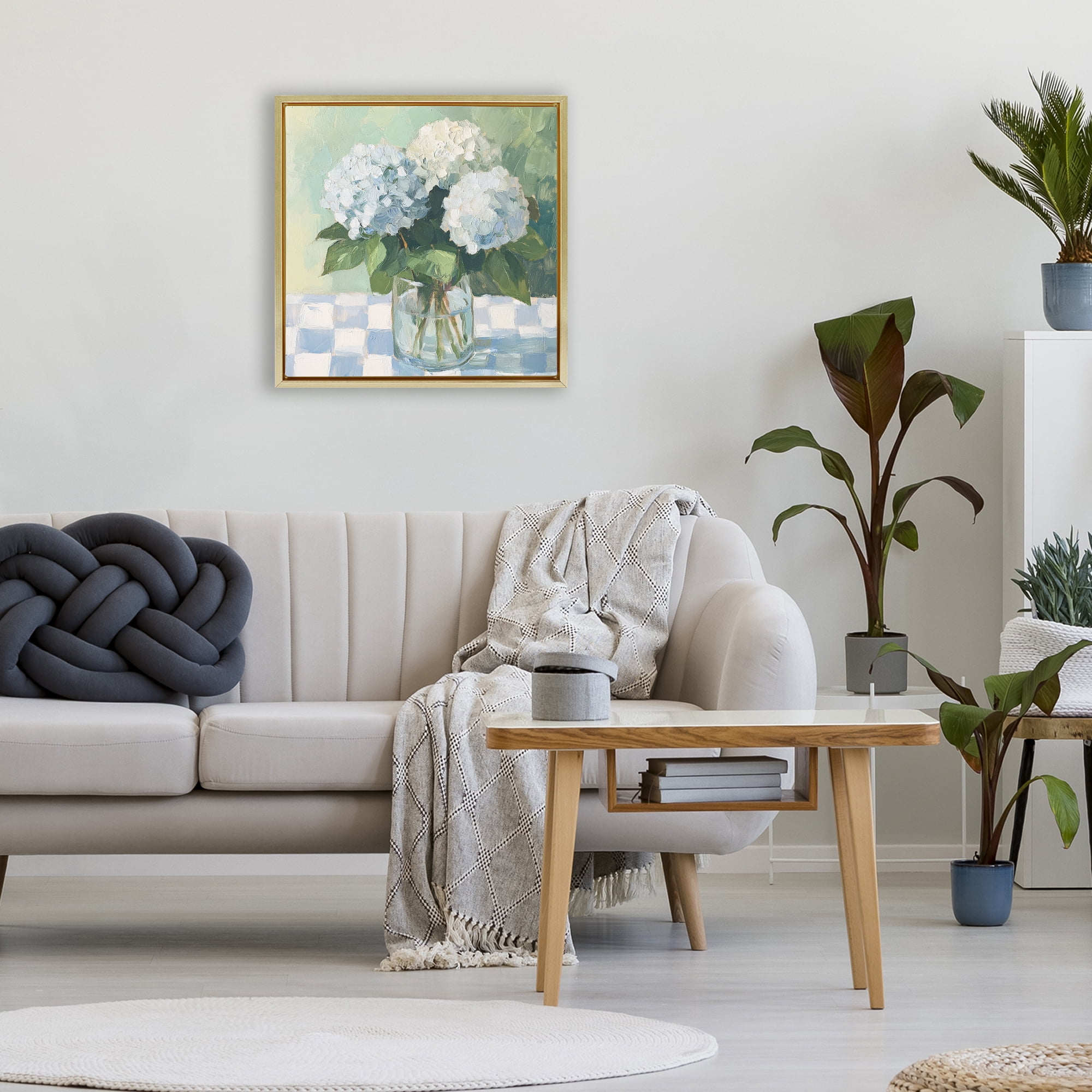 Stupell Industries Hydrangea Picnic on Checkered Gold Framed Floater Canvas Wall Art, design by Petal Prints Design