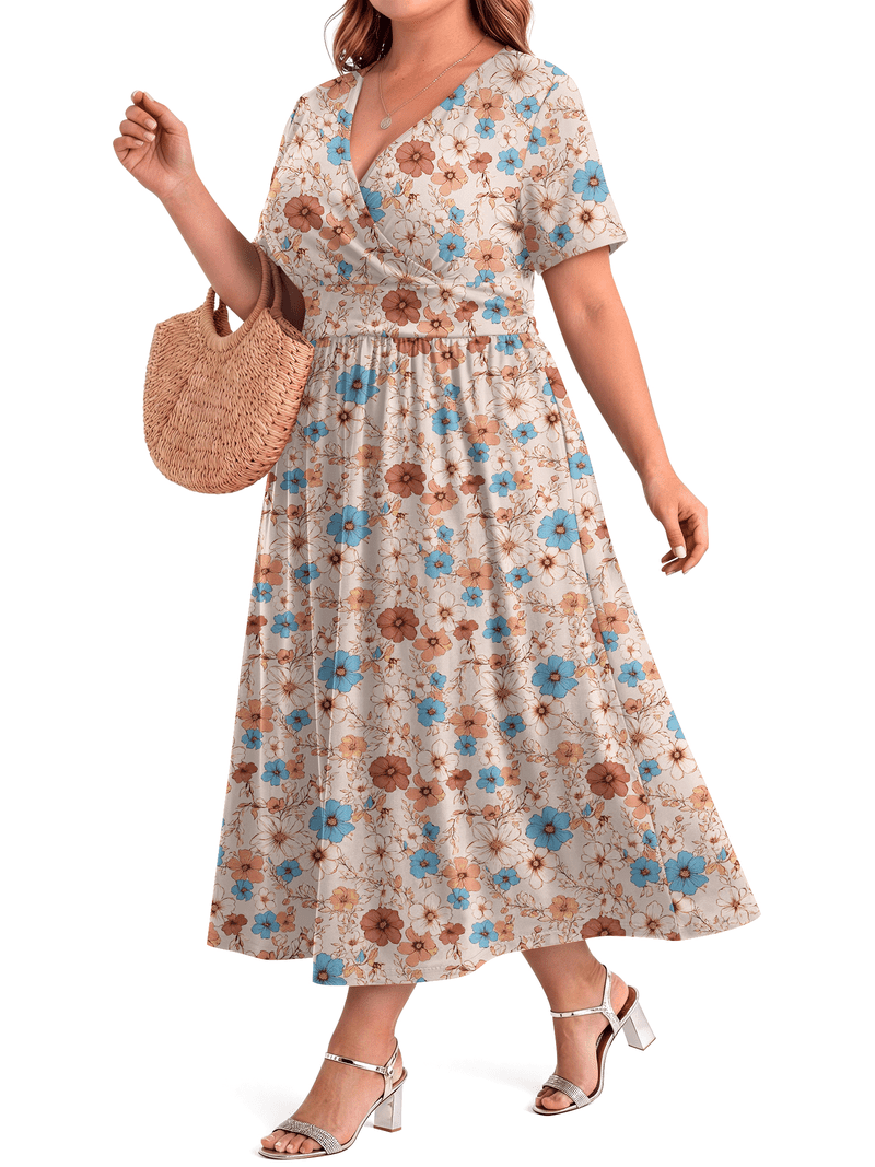 walmart plus size maxi dresses Runwind Dress 3/4 Sleeve V-Neck Pleated Faux Buttons Pockets Low Temperature for Ironing WellSize Plus Size Maxi Dresses