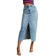 thumbnail image 2 of Women'S Jean Skirt Stretch High Waisted Frayed Raw Hem A Line Denim Midi Skirt with Pockets Light Blue M, 2 of 9