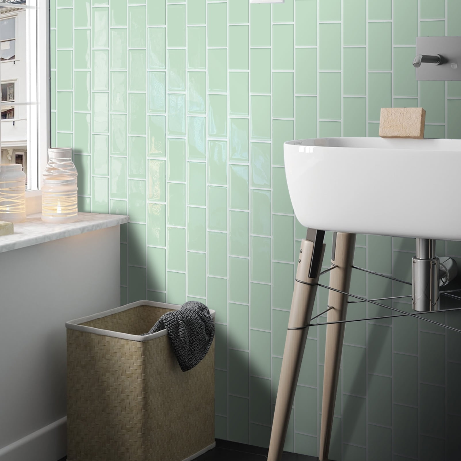 DEWOO Peel and Stick Backsplash - 10 Sheets of 12"×12" - 3D Adhesive Peel and Stick Tile Backsplash for Kitchen, Bathroom, Wall Tile, Light Green