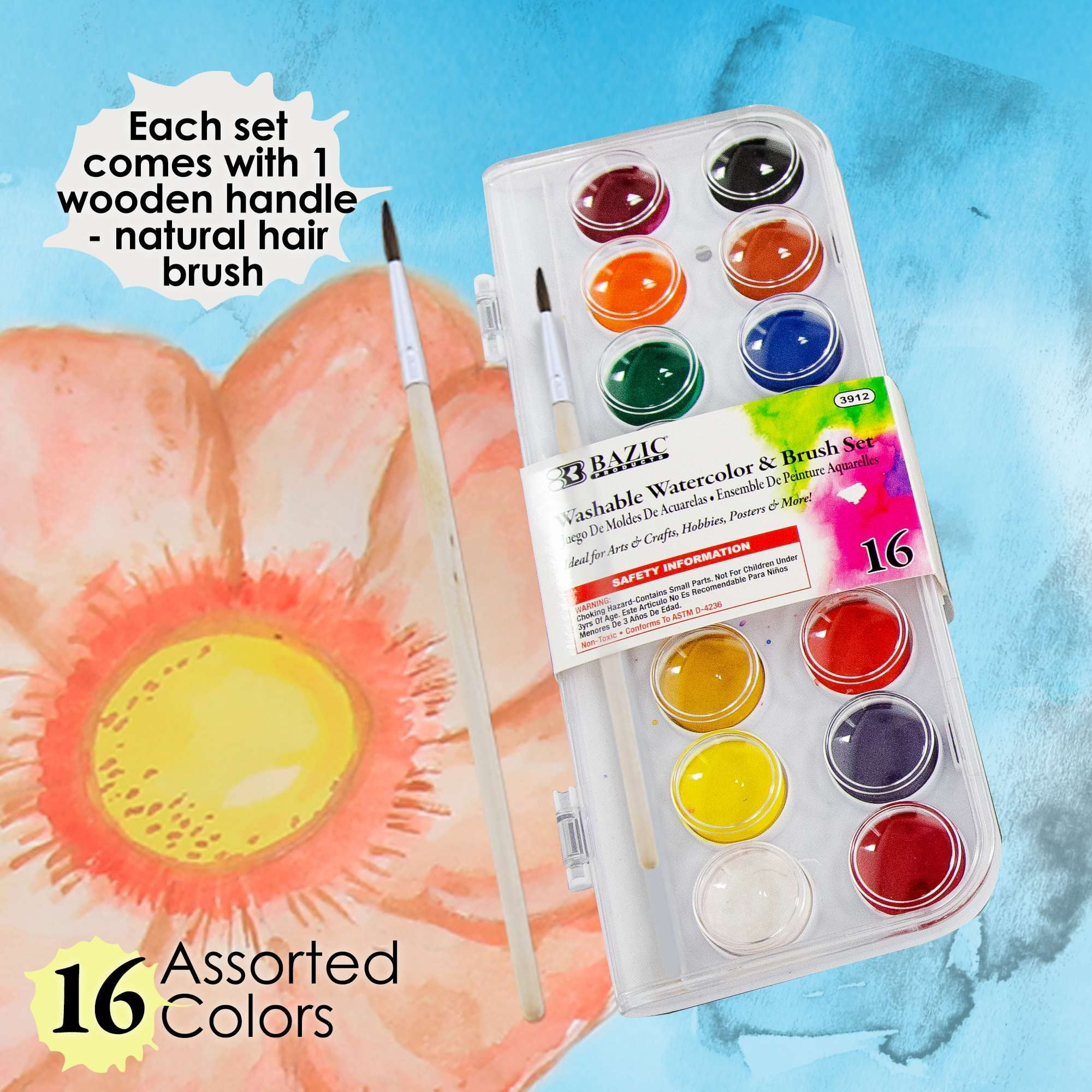BAZIC Watercolor w/ Brush & Mixing Palette, 16 Color Non-Toxic, 1-Pack