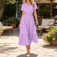 thumbnail image 2 of Bysome Women Dresses Solid Color Short Sleeve V-Neck Pleated Flowy Dress Summer Comfortable Women Dress Size L Purple, 2 of 5