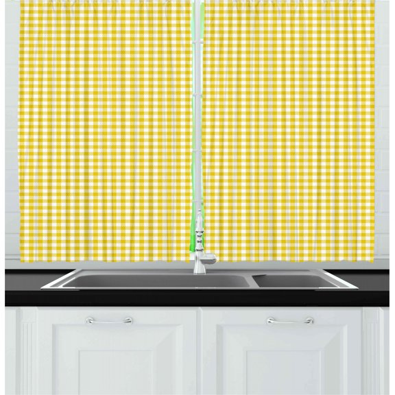 Ambesonne Yellow White Kitchen Curtains, Summer Squares, 55"x39", Yellow White