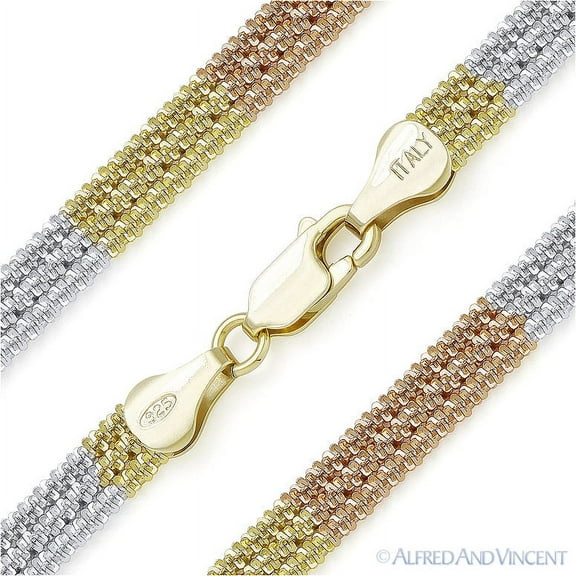 1.8mm Roc Link 5.4mm Triple-Chain Necklace in Tri-Tone .925 Sterling Silver w/ 14k Gold & Rhodium