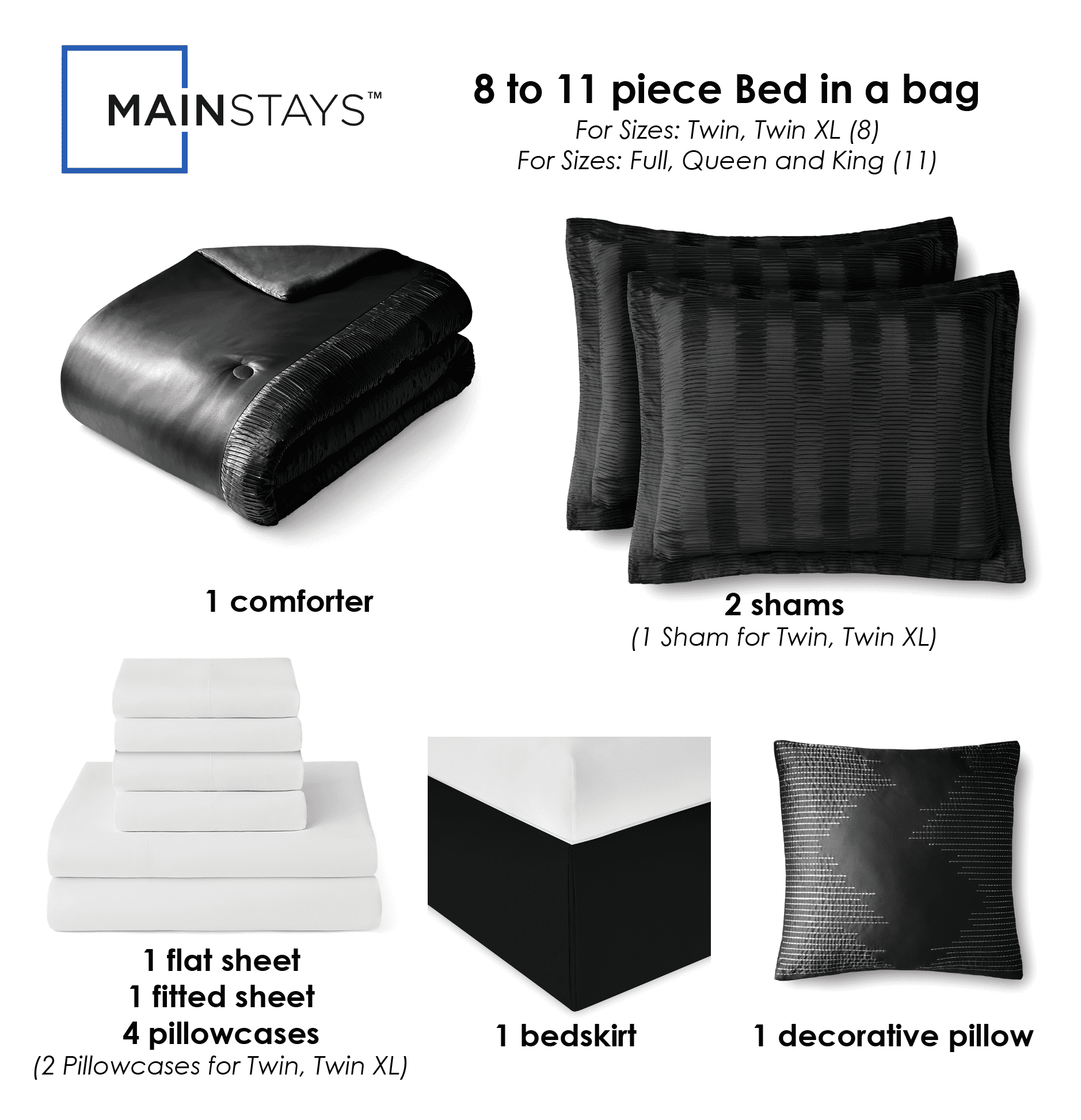Mainstays 11-Piece Bed in a Bag Comforter Set with Sheets, Black Satin, Full, Unisex