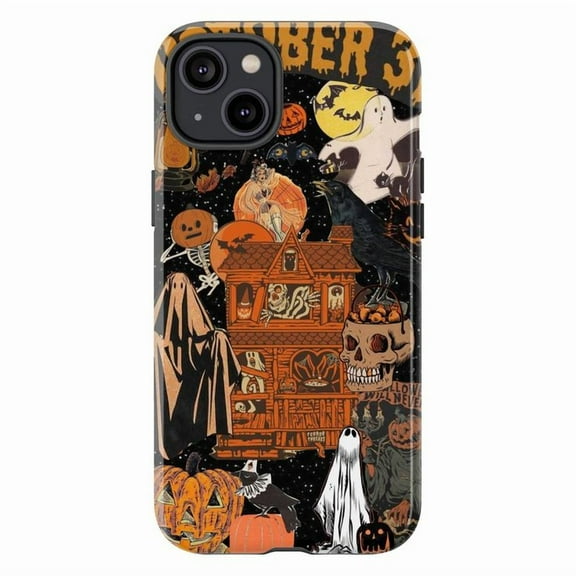 Vintage Halloween Collage iPhone Case – Retro Haunted House, Ghosts, Pumpkins & Skulls Design, Protective Cover for iPhone 16 15 14 13 12 11 Mini Pro Max