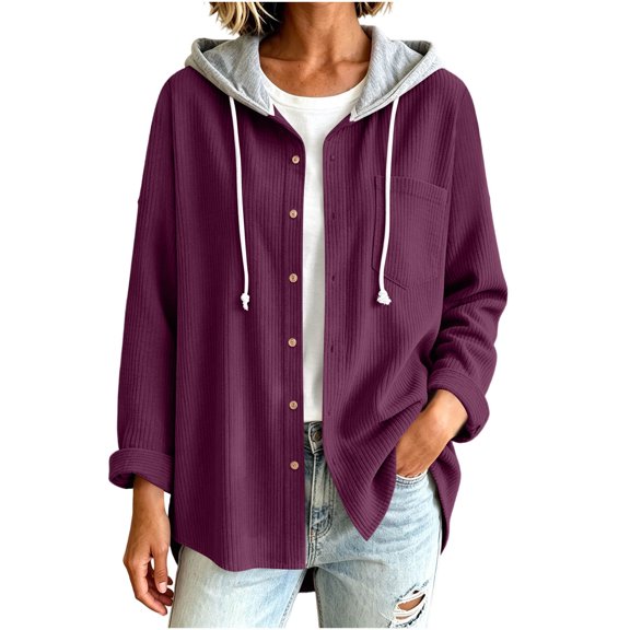 Nowekniz Corduroy Hooded Shirt Jacket, Waffle Long Sleeve Button Down Lightweight Casual Coat, Versatile Hooded Sweatshirt Tee for Daily Casual and Running Wear