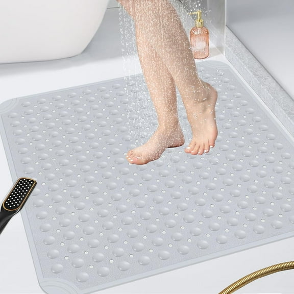 Square Shower Mat 32x32, TPE Non-Slip Shower Mats with Drain Holes and Suction Cups, Walk-in Mat for Inside Shower Stall, Anti-Slip for Elderly Kids (Light Grey)