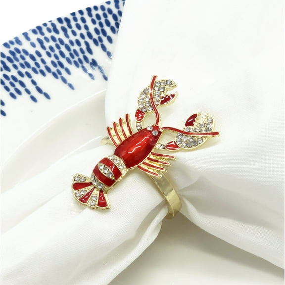 Fennco Styles Exquisite Bejeweled Red Lobster Cloisonné Brass Napkin Rings, Set of 4 - Gold Plated Metal Napkin Holders for Home Décor, Dining Table, Coastal Theme, Holiday and Special E
