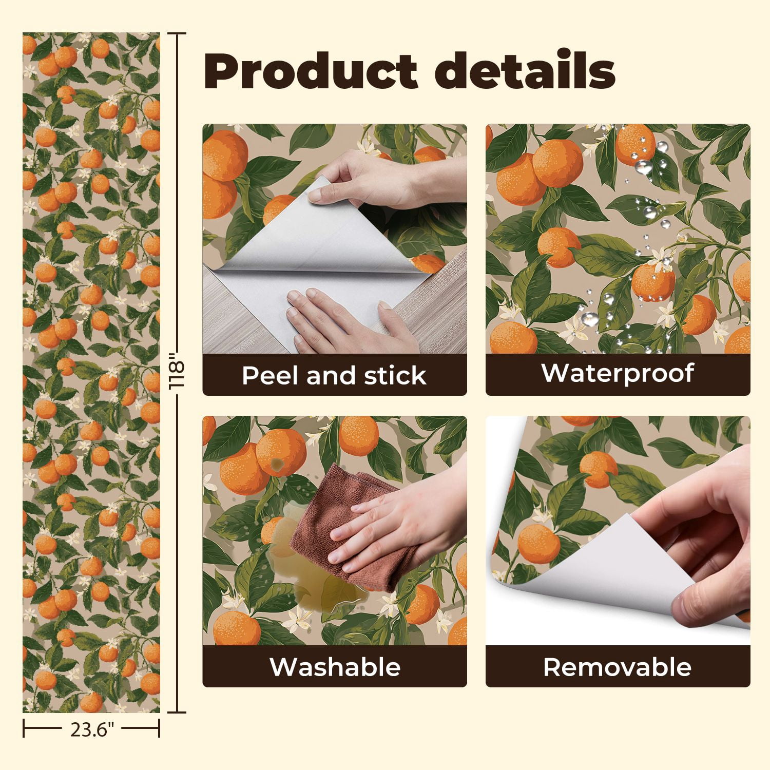 Peel and Stick Wallpaper Orange Tree Branches Bright Tangerine Fruits White Wall Mural 23.6in x 9.8ft Self Adhesive Removable Wall Paper Renter Friendly Wallpaper for Nursery Bedroom Cabinets