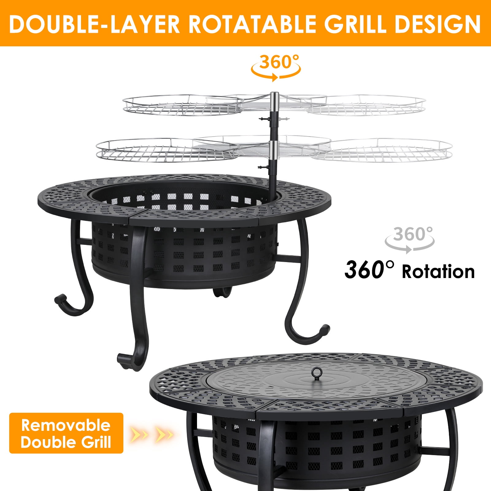 Arlopu Metal Fire Pit for Outside, 37'' Round Fire Pit Patio Wood Burning Fire Pit Table with Cooking BBQ Grills & Lid for Outdoor Camping Picnic Bonfire Party