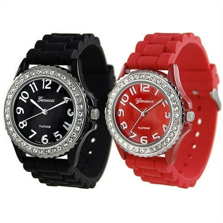 Brinley Co. Women's Rhinestone-Accented Silicone Watch, Set of 2