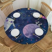Akjvoe Cartoon Outer Space Sloth Tablecloth Round for Kitchen Dining Table,Funny Galaxy Planet Cute Astronaut Alpaca Rocket Moon Table Cloth for Holiday Round Tablecloths White