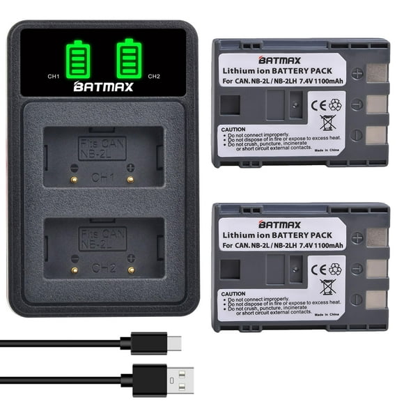 Batmax 2Pcs NB-2L NB-2LH Battery + Dual USB LED Charger for Canon PowerShot G7 G9 S80 S70 S60 S50 S45 S40 S30, Canon DC410 DC420 EOS 350D 400D Digital Rebel XT XTi, VIXIA HF R10