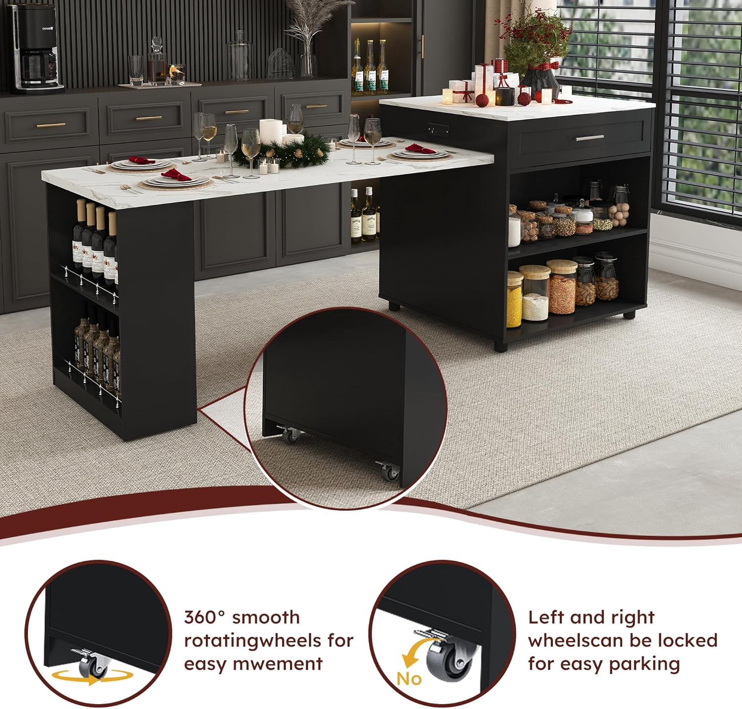 Montary 80" Expandable Kitchen Island with Extendable Table - Solid Wood Grain Countertop with Power Outlet & USB Ports, Mobile Cart with Double-Side Storage, Cabinet & Drawers (Black)
