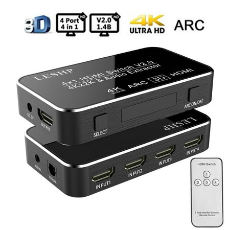 LESHP Upgrade ARC HDMI Switch Hub 4K x 2K/60Hz 4 x 1 Splitter/Switcher with Audio Extractor 3.5mm Jack & Optical TOSLINK SPDIF Support Macbook/ PS4/ Amazon Fire TV/ Blu-ray DVD/ Wii/