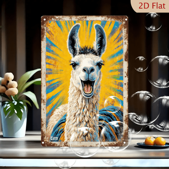 D2M Vibrant Artistic Alpaca Portrait with Blue and Orange Accents on Yellow Background, Vintage Rusted Metal Border, 8x12 Inches Wall Decor Tin Sign