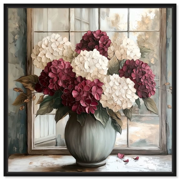 Window Wine Maroon Vase Canvas Floral Glam Art by Art Remedy, Black Frame, 12" x 12"
