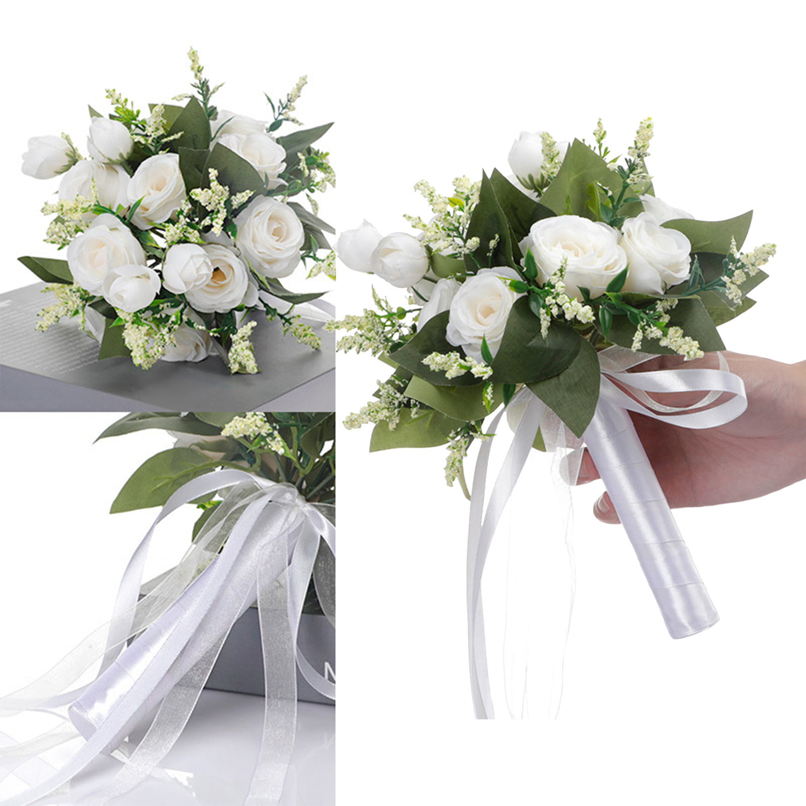 vLoveLife Wedding Bouquet for Bride 12 Inch, White Bridal Bouquet Holder  Flowers, Artificial Flowers for Wedding Favors Supplies
