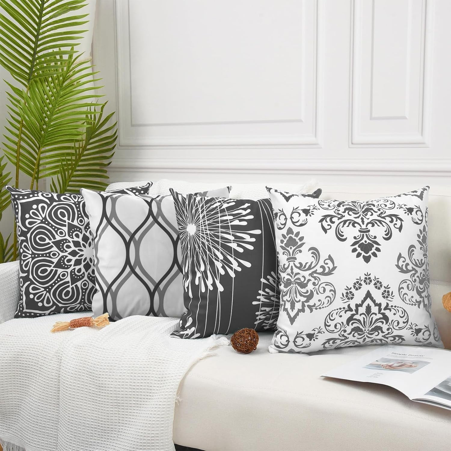 Decorative Throw Pillow Covers 20x20 Set of 4, Dark Grey and White Modern Simple Square Pillow Case Cushion Cover for Sofa Couch Farmhouse Outdoor Living Room