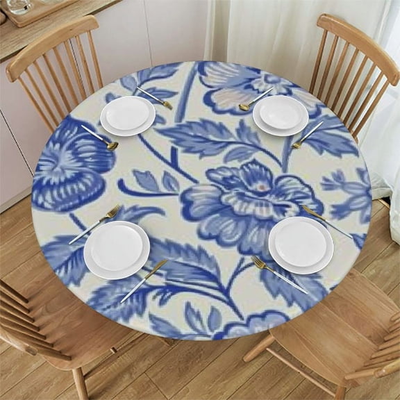 BANET Blue and White Round Table Cloth Floral Butterfly Tablecloth Elastic Edge Fitted Table Cover Fits Tables 31"-35