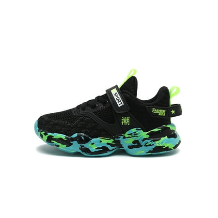 

Rotosw Children Sneakers Magic Tape Trainers Round Toe Athletic Shoes Nonslip Thick Sole Walking Breathable Black Green-2 12C
