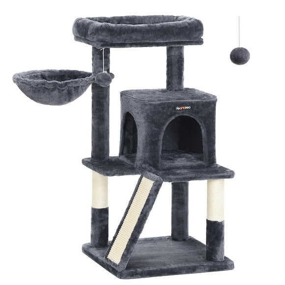Feandrea Cat Tree, Small Cat Tower with Widened Perch for Large Cats Indoor, Kittens, 37.8-Inch Multi-Level Cat Condo, Scratching Posts and Ramp, 2-Door Cat Cave, Cat Basket, Smoky Gray