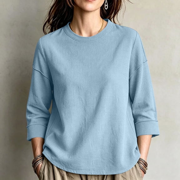 ABSUYY Women's 3/4 Sleeve Waffle Knit Tunic Top, Crew Neck Relaxed Fit Casual Pullover Shirt, Blue, L