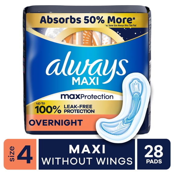 Always Maxi Pads without Wings, Size 4, Overnight Absorbency, 28 count