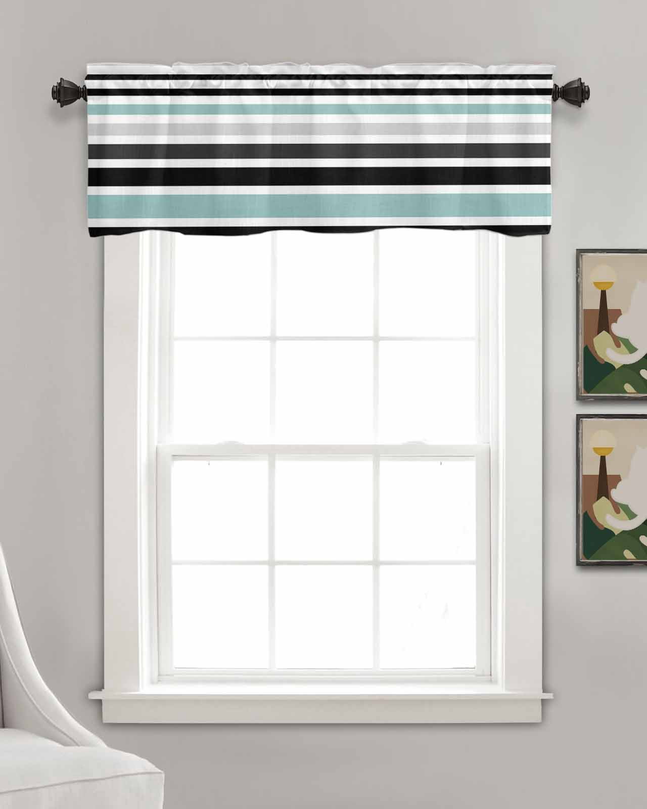Turquoise Black Stripe Kitchen Valances for Windows Farmhouse Linen Window Valance Curtain for Living Room Window Treatment Modern Abstract Coarse Striped Valance Rod Pocket Topper, 54 x 18 Inch