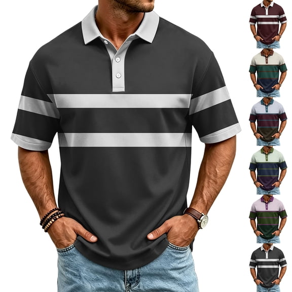 KLHDSF Men's Polo Shirts Striped Smoothing Short Sleeve Tops Button Down Shirts Relaxed Fit Lightweight Sports Clothing Dark Gray XL
