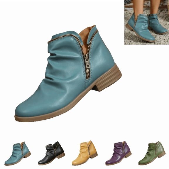 LTTVQM Ankle Boots for Women Casual Low Block Heel Arch Support Slip-On Booties with Side Zipper Leather Fall Winter Wide Width Round Toe Non Slip Walking Short Boots Blue 42(US-9)