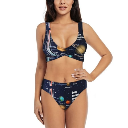 Zeuib Solar System High Waisted Tummy Control Bikini Set - Knot Front Push Up Top & Cheeky Thong Bottom  Two-Piece Swimsuit for Women-Small