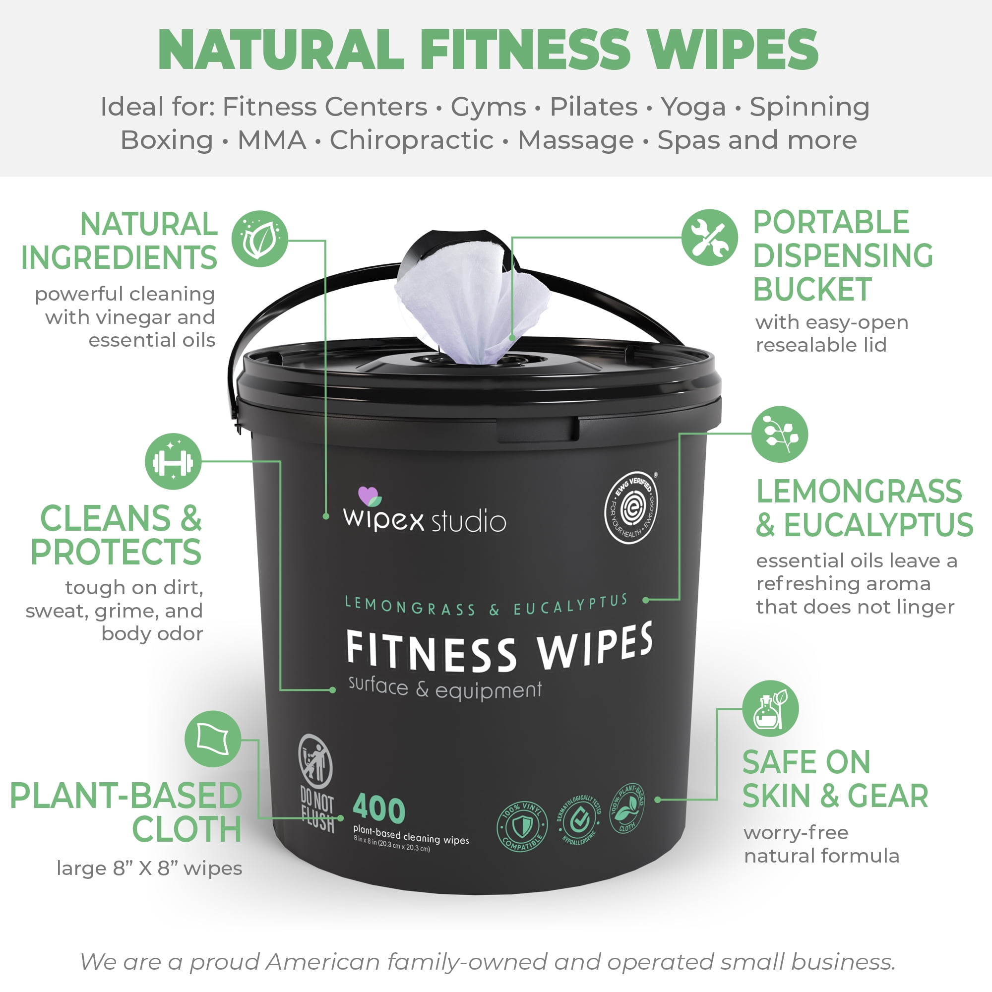 Wipex Yoga Mat Cleaner Wipes, EWG Verified Plant-Based Gym Wipes, Lemongrass & Eucalyptus, 400ct