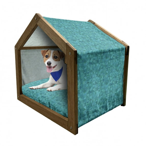 Teal Pet House, Geometrical Shapes Triangles Squares Modern Abstract Art Different Shades of Blue, Outdoor & Indoor Portable Dog Kennel with Pillow and Cover, 5 Sizes, Turquoise Aqua, by Ambesonne