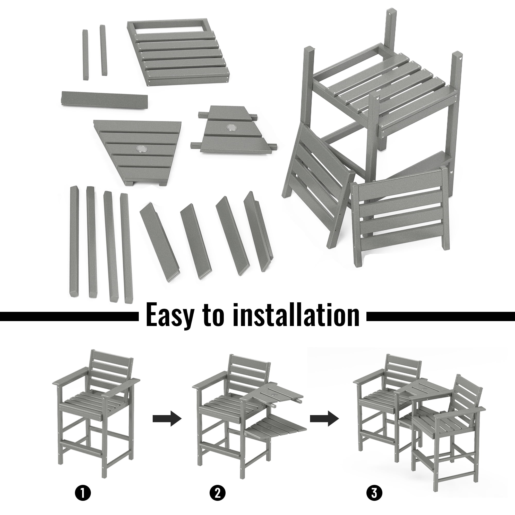 FOOWIN HDPE Plastic Tall Adirondack Chair Set of 2 W/ Outdoor Barstools and Connecting Tray, Gray