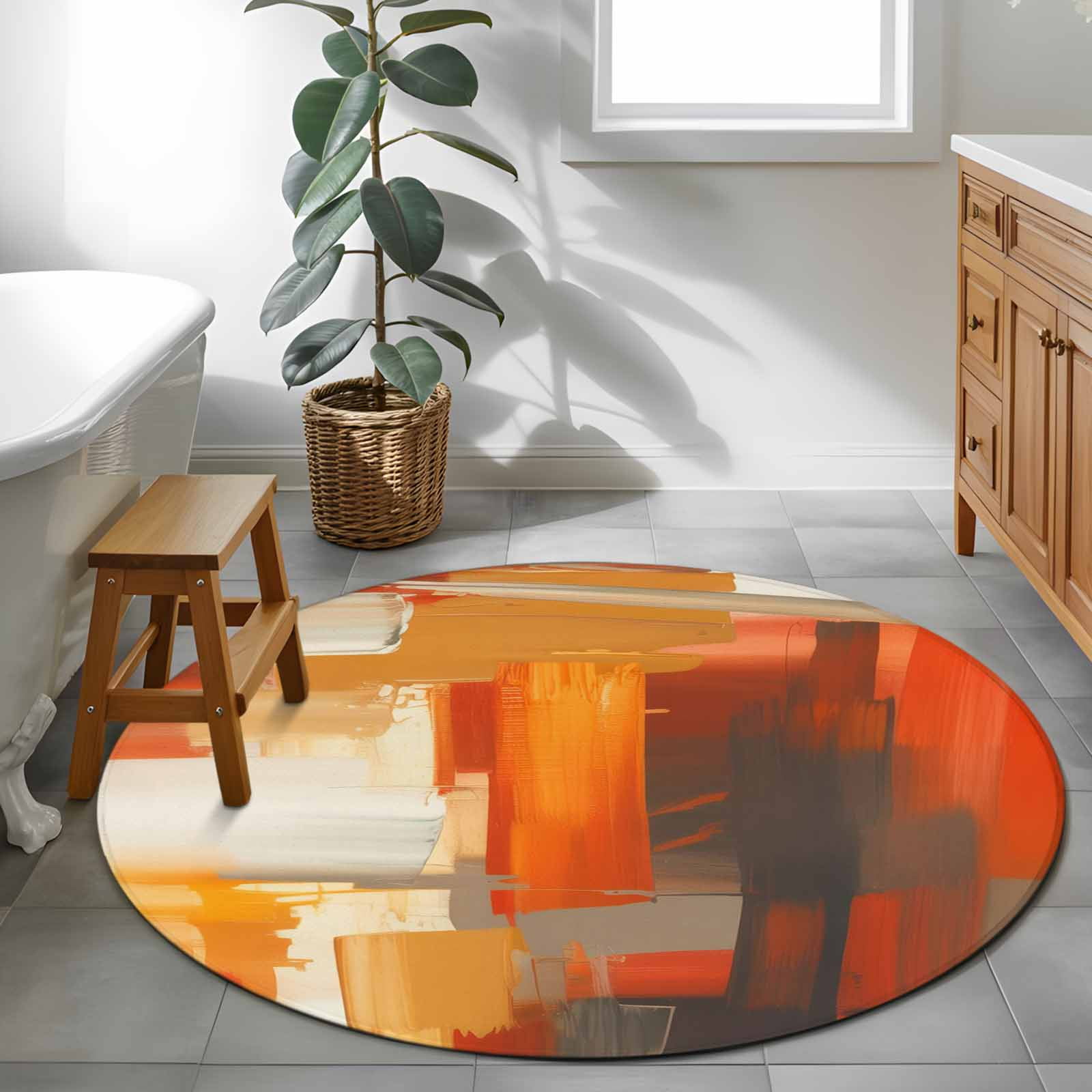 Round Rugs 3.3 Ft, Burnt Orange Brown Non Slip Area Rugs for Kitchen Bedroom Entryway, Farmhouse Ombre Abstract Mottled Art Washable Carpet Runner Rug Floor Mats for Bedroom Home Decor