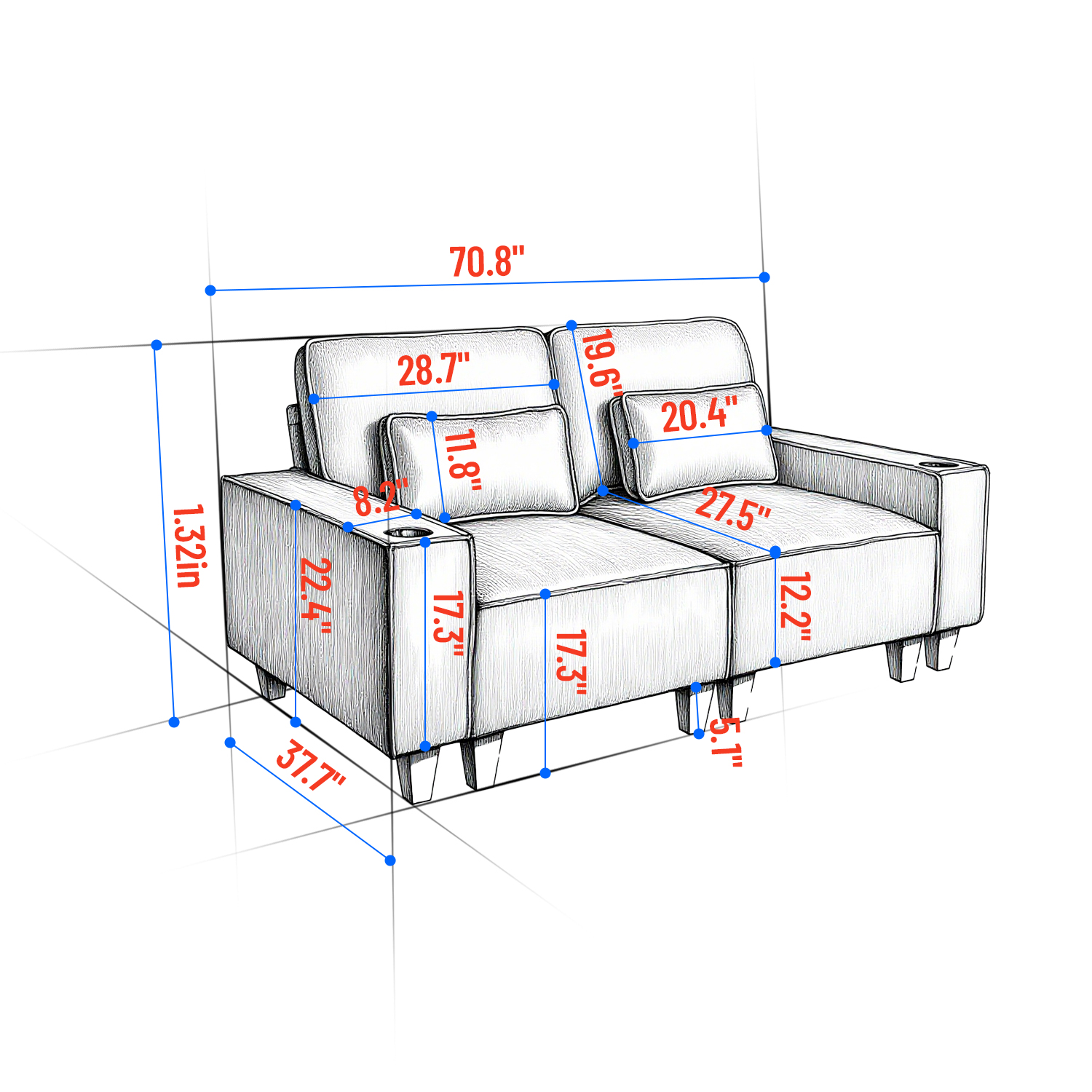 BSHTI Chenille Deep Seat 2-Seater Sofa with Brushed Stainless Steel Cup Holders and 2 Decorative Pillows – Modern Cozy Loveseat for Living Room