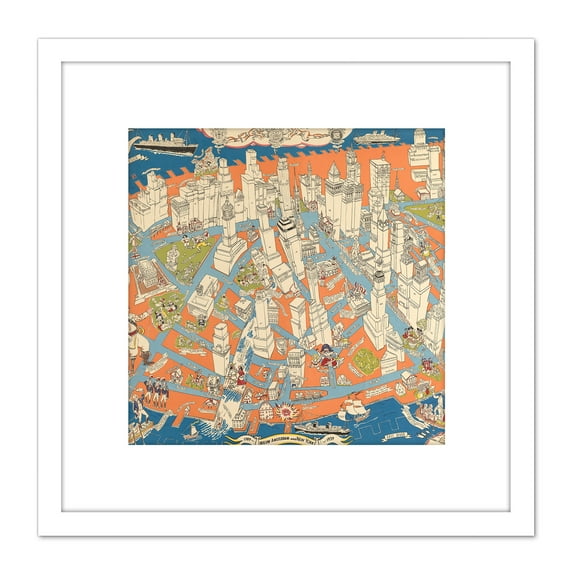 Zaidenberg 1938 Pictorial Map Manhattan History 8X8 Inch Square Wooden Framed Wall Art Print Picture with Mount