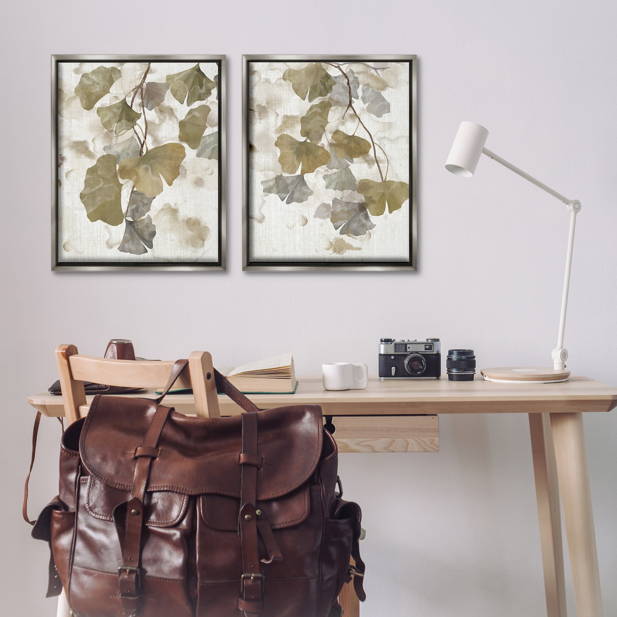 Stupell Industries Rustic Gingko Leaves Botanical & Floral Painting Gray Floater Framed Canvas Art Print Wall Art, 25 x 31, Set of 2