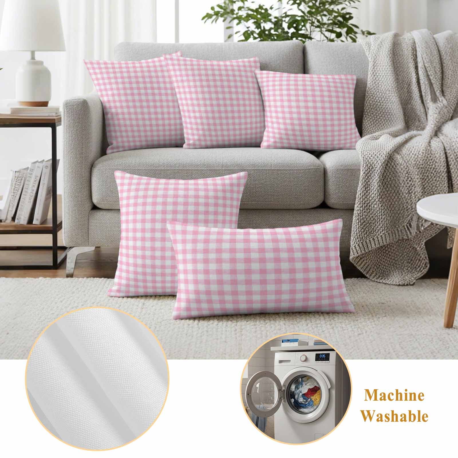 Pack of 2 Outdoor Pillow Covers,Waterproof Pink Throw Pillow Covers,Country French Rustic Buffalo Plaid Modern Art Decorative Pillowcases Cushion Covers for Couch Pillow Sham Protector 24x24 Inch
